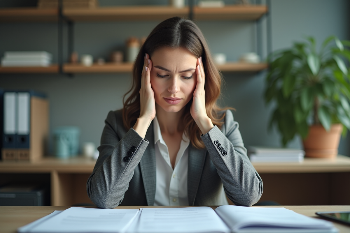 Femme stressée au bureau en posture de tension