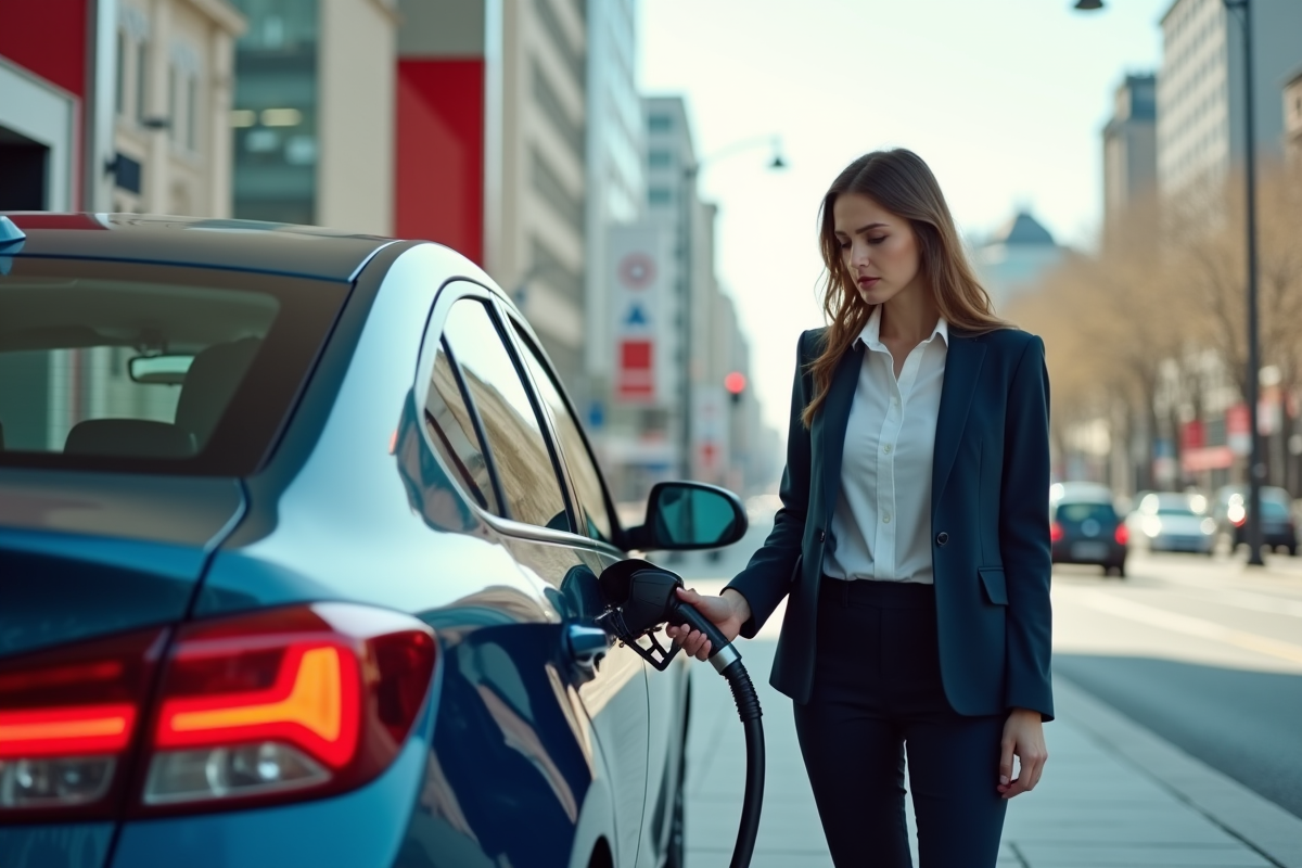 Jeune femme en costume faisant le plein à une station essence urbaine