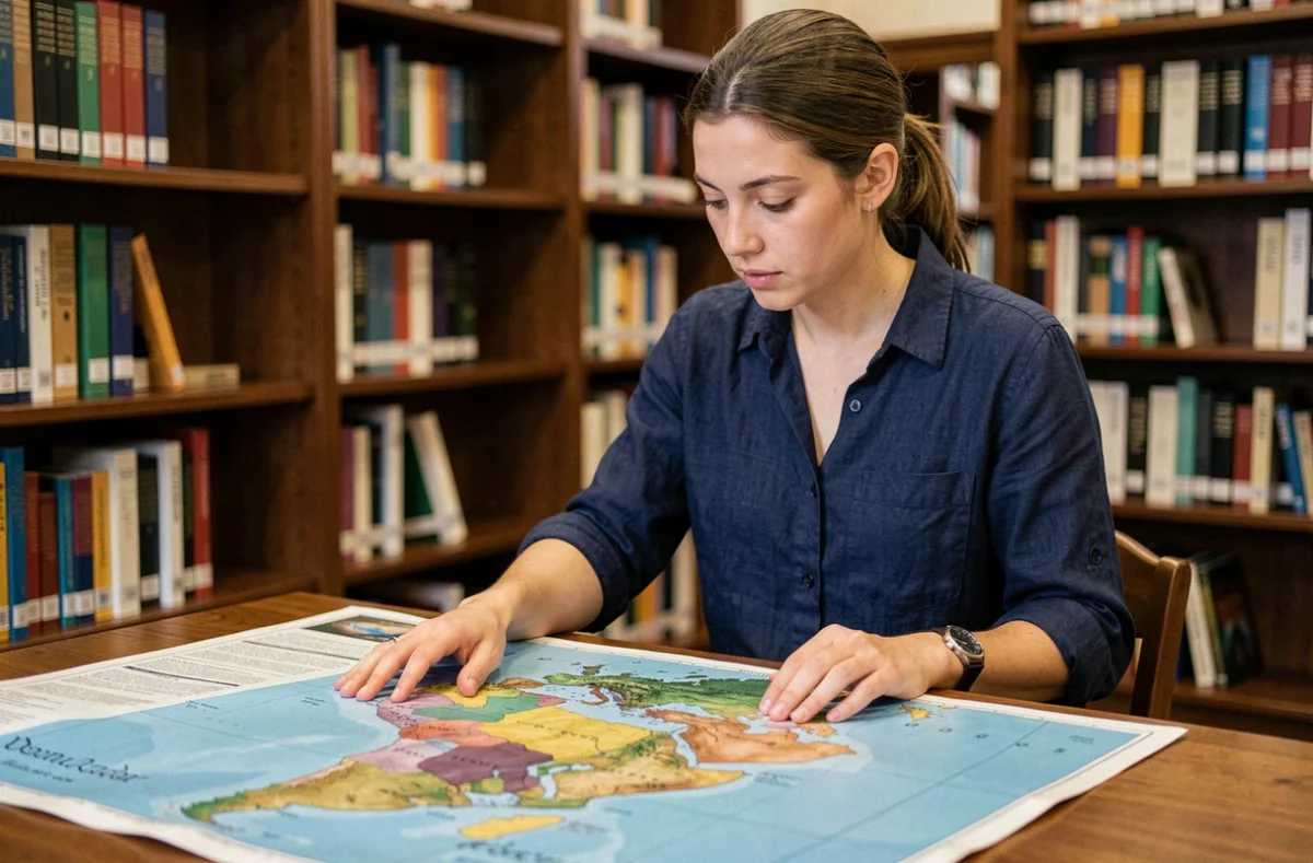 Jeune femme pointant les pays hispanophones sur une carte du monde physique posée sur une table de bibliothèque universitaire