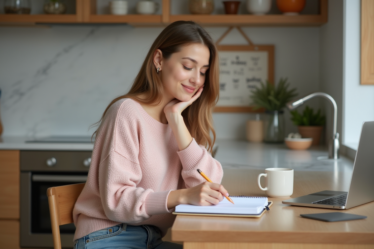 Jeune femme esquissant des idées dans un intérieur chaleureux