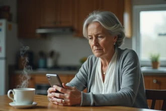 Femme en deuil consultant son smartphone à la table de cuisine pour informer ses proches après un décès