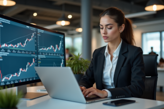 Jeune femme analysant des données financières au bureau