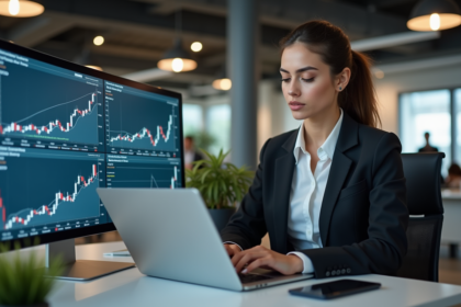 Jeune femme analysant des données financières au bureau