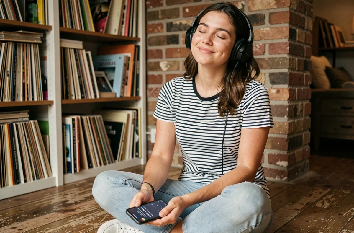 Jeune femme française écoutant de la musique anglaise au casque dans un appartement parisien avec des vinyles en arrière-plan