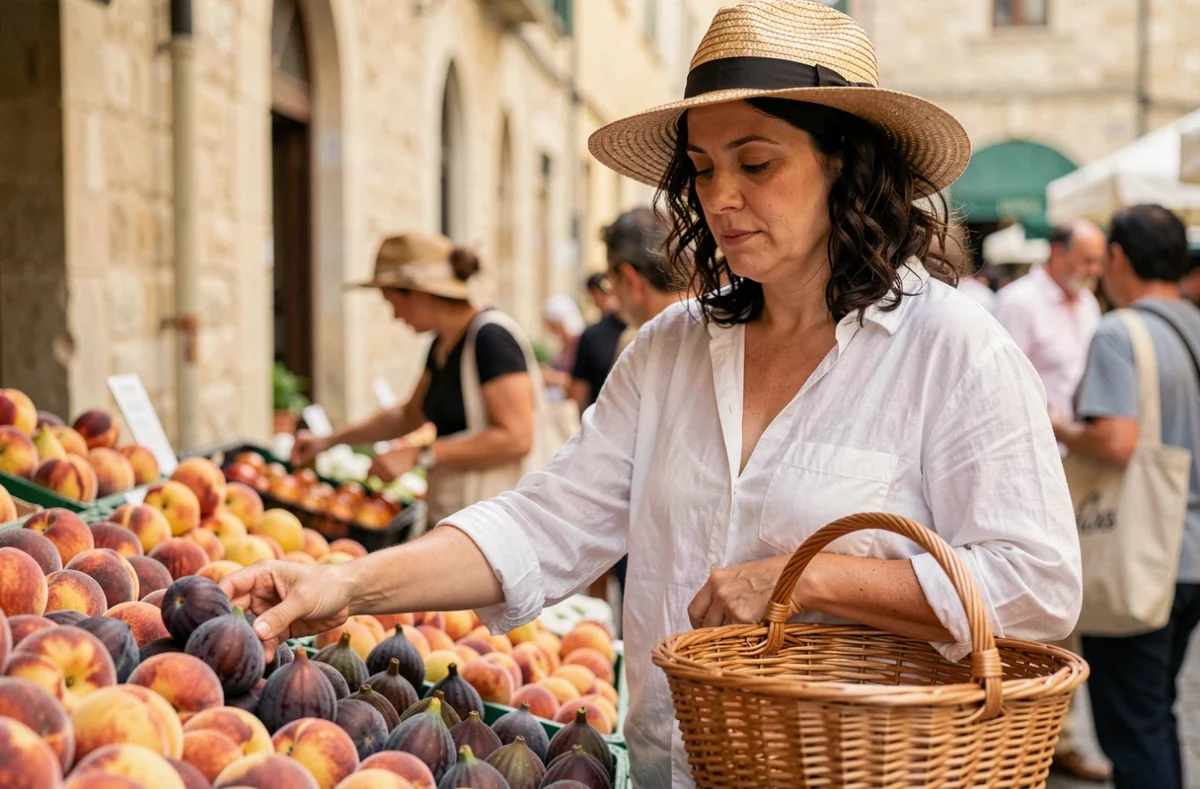 Femme choisissant des figues et des pêches sur un étal de fruits au marché provençal d'Aix-en-Provence