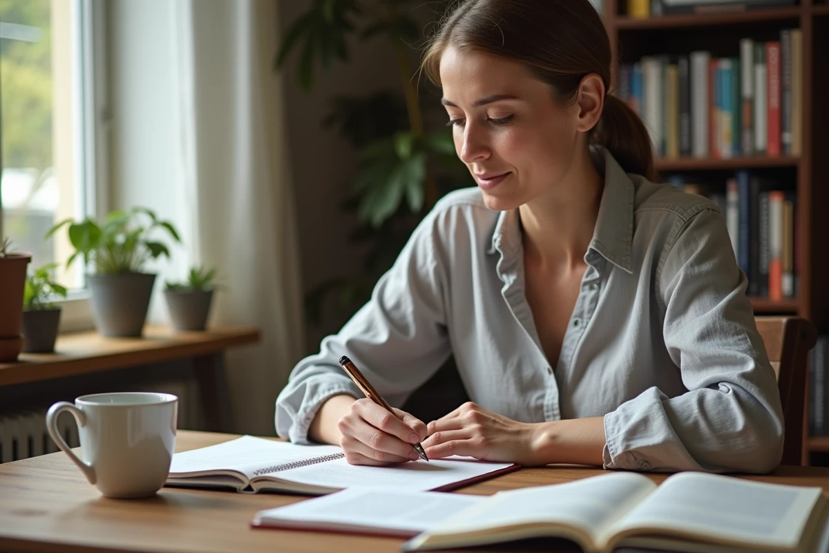 Femme consultant un livre de grammaire française à son bureau pour vérifier l'orthographe de 'toutes les deux'