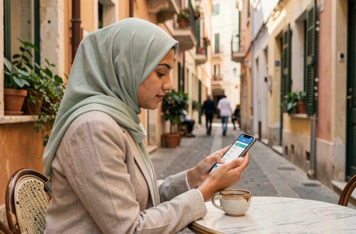 Jeune femme consultant les horaires de prière du Ramadan 2026 sur son téléphone dans un café de Marseille