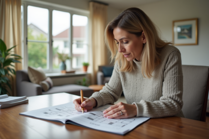 Femme d'âge moyen en tenue professionnelle examine des documents immobiliers
