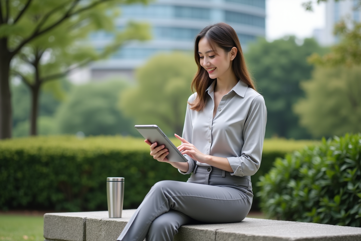 Jeune femme en extérieur consulte un portefeuille sur tablette