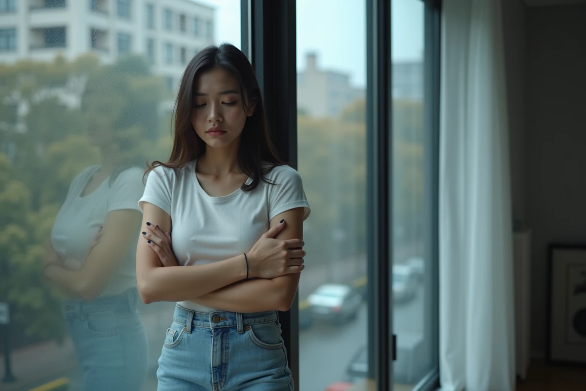 Jeune femme en larmes appuyée contre une fenêtre, symbolisant l'isolement et la santé mentale