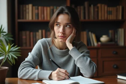 Femme concentrée écrivant dans un carnet dans une bibliothèque chaleureuse