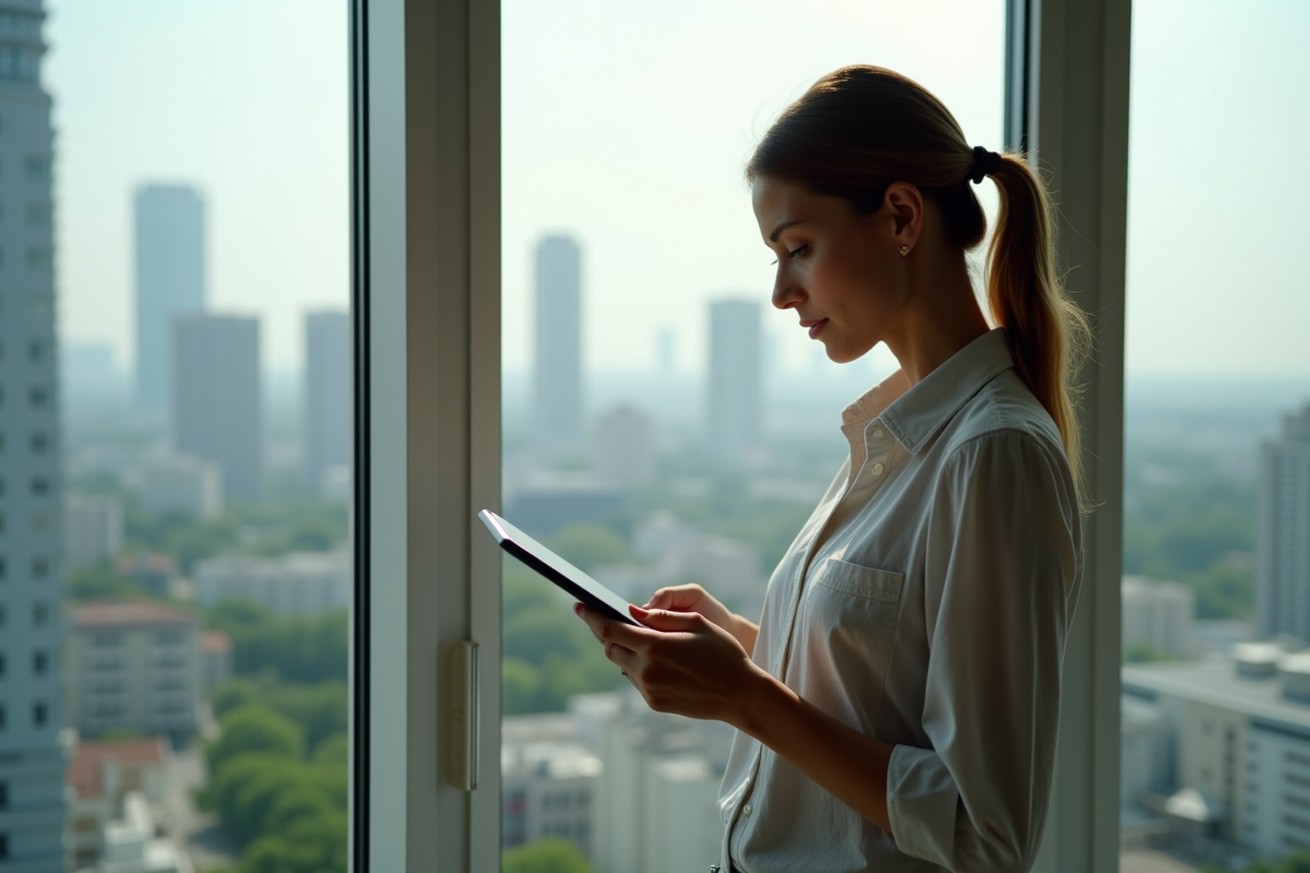 Jeune femme étudiant un rapport SCPI sur une tablette dans un appartement