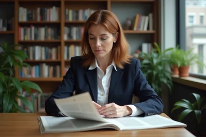 Femme d'âge moyen lisant dans une bibliothèque chaleureuse