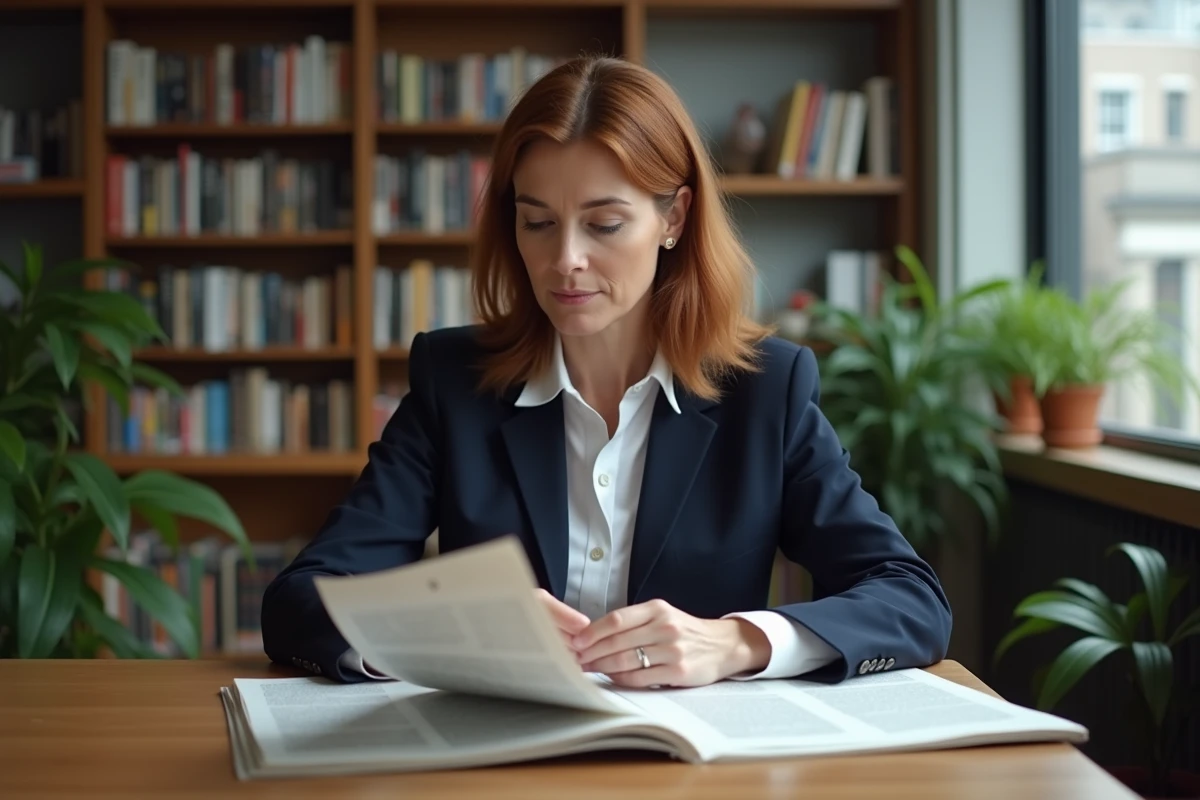 Femme d'âge moyen lisant dans une bibliothèque chaleureuse