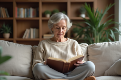 Femme d'âge moyen lisant un livre dans un salon calme