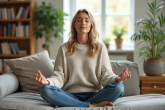 Femme méditant en détente dans un salon lumineux