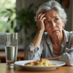 Femme d'âge moyen à table avec expression préoccupée