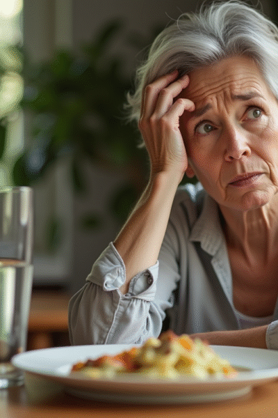 Femme d'âge moyen à table avec expression préoccupée