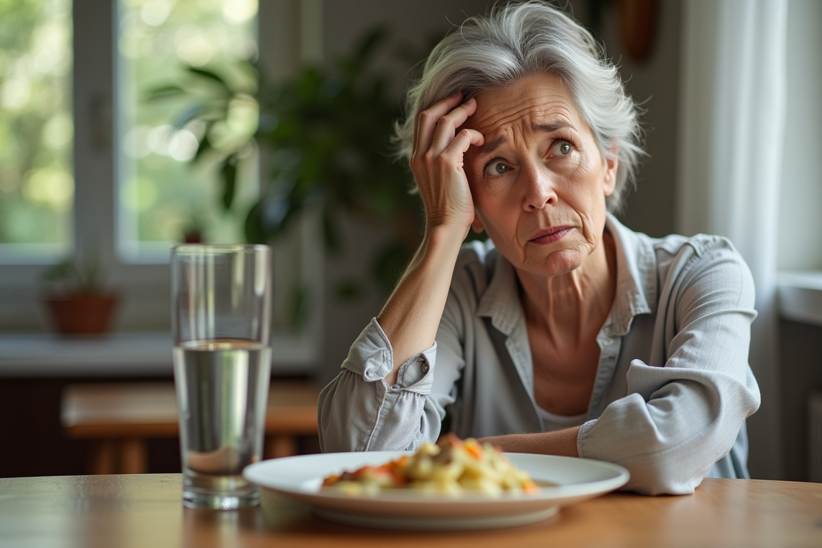 Femme d'âge moyen à table avec expression préoccupée