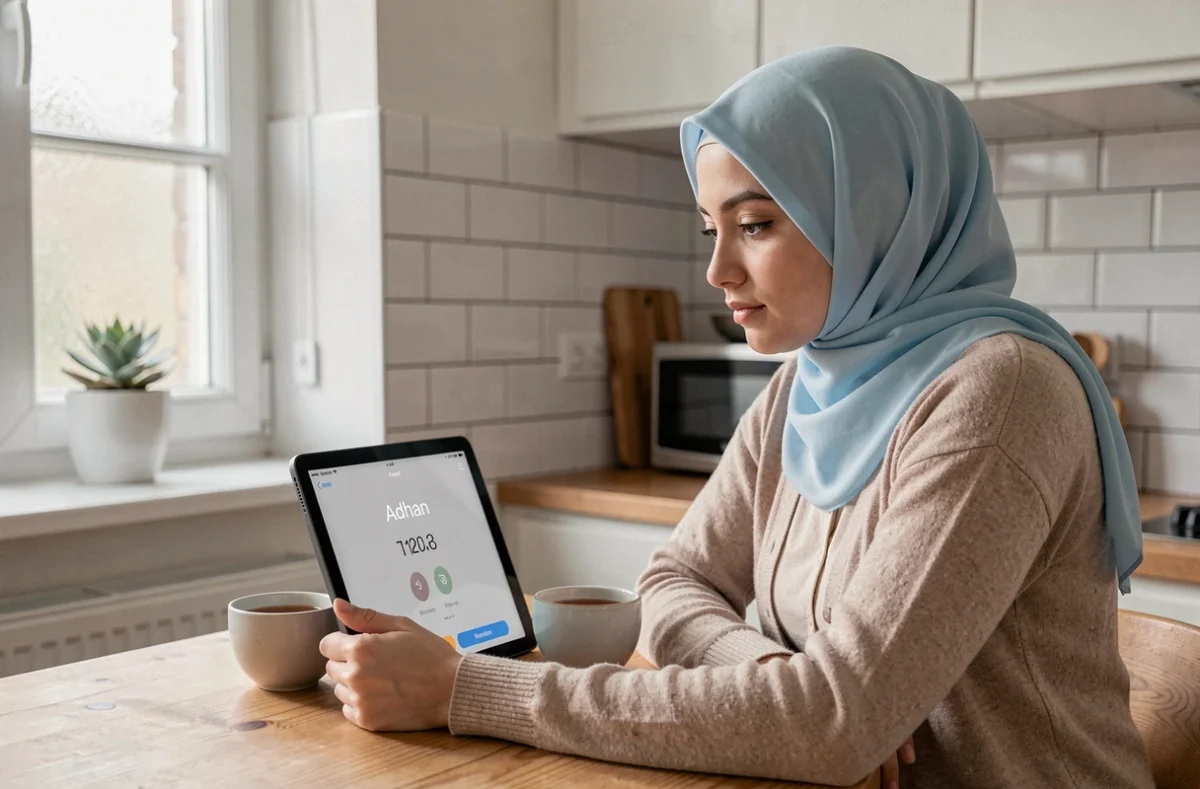 Jeune femme musulmane recevant une alerte de prière sur sa tablette dans une cuisine française moderne