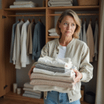 Femme en streetwear tenant un linge propre dans sa chambre