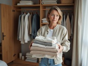 Femme en streetwear tenant un linge propre dans sa chambre
