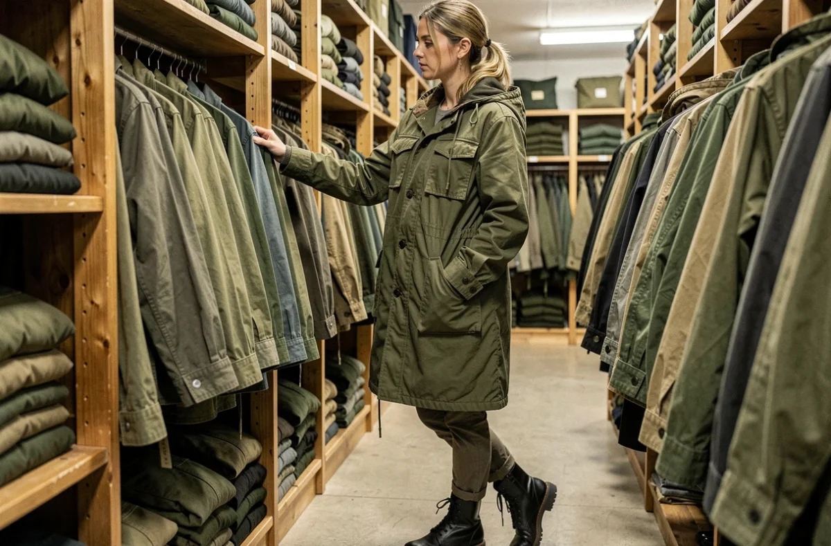 Femme portant une parka militaire olive avec rangers noirs dans un surplus militaire vintage