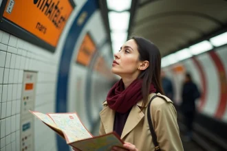 Jeune femme consultant un plan du métro de Paris sur le quai de la station Châtelet