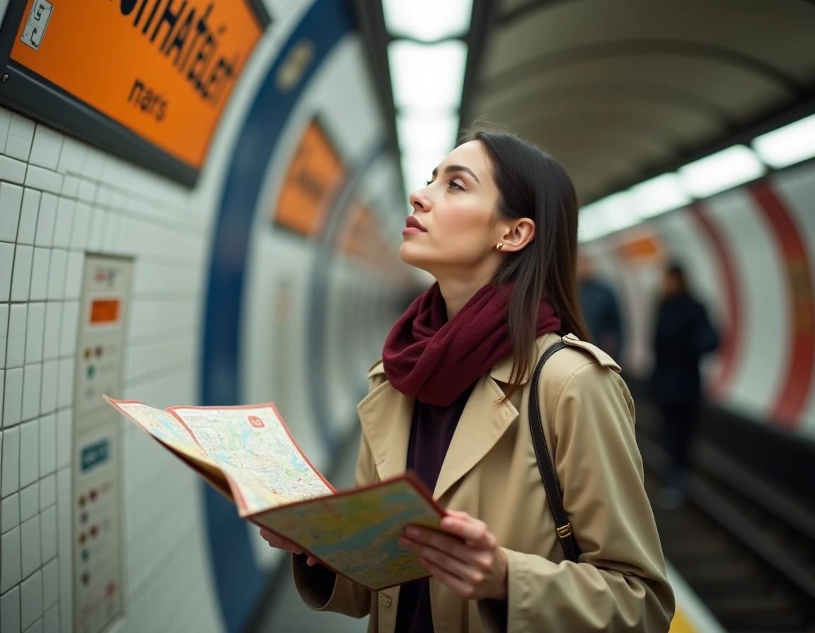 Jeune femme consultant un plan du métro de Paris sur le quai de la station Châtelet