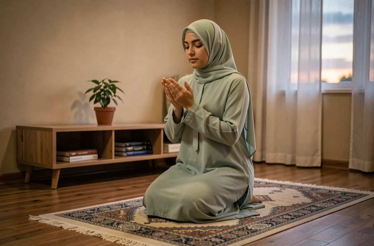 Femme en hijab vert priant sur un tapis de prière dans un salon à l'heure du Maghreb