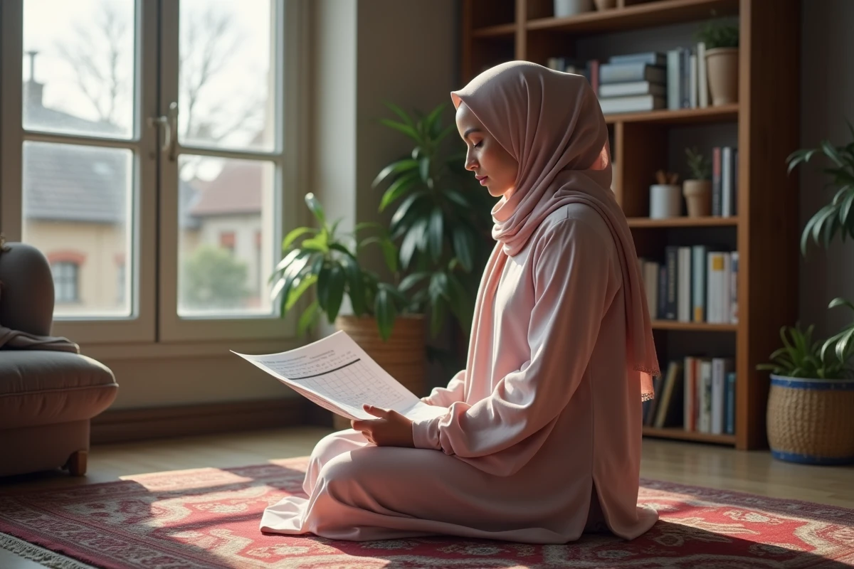 Jeune femme musulmane priant dans son appartement à Reims