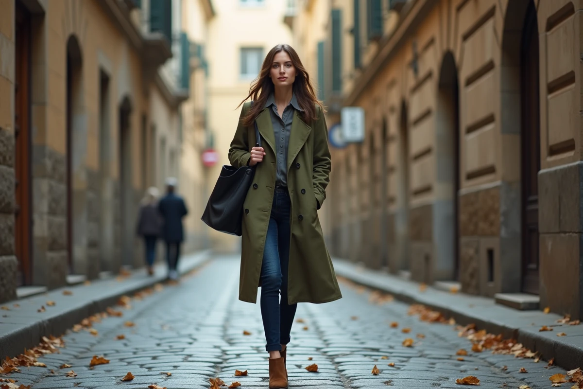 Jeune femme en trench coat marchant dans une rue pavée européenne lors d'un moment de vie privée en automne