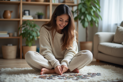 Jeune femme en loungewear assemble un puzzle dans un salon cosy