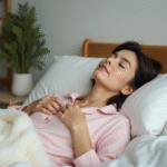 Femme en pyjamas pastel reposant dans sa chambre