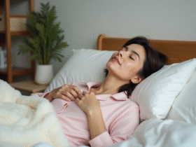 Femme en pyjamas pastel reposant dans sa chambre