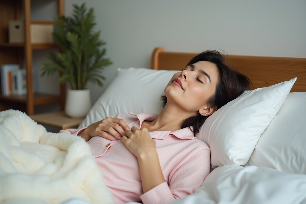 Femme en pyjamas pastel reposant dans sa chambre