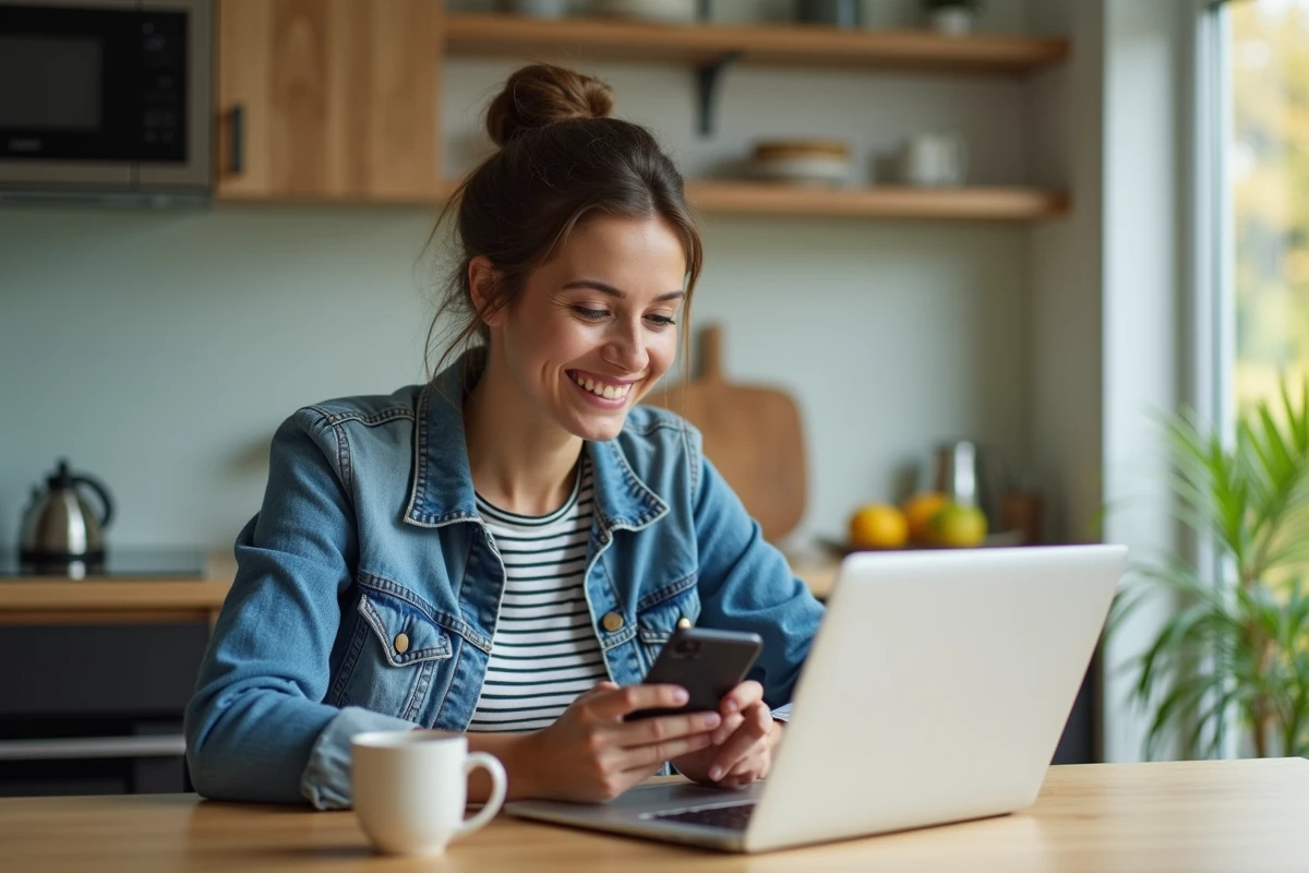 Jeune femme en denim compare offres de voyage en ligne