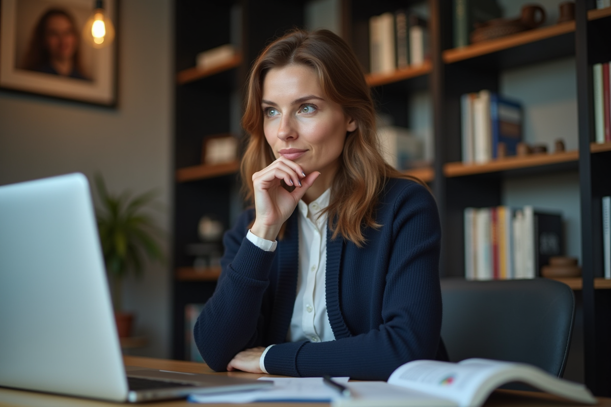 Femme pensive dans un bureau moderne avec ordinateur