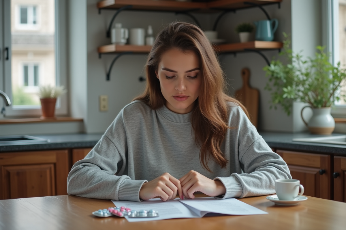 Femme pensant avec médicaments dans une cuisine chaleureuse
