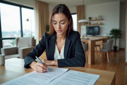 Femme professionnelle vérifiant un contrat de location dans un appartement lumineux