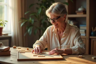 Femme jouant au Scrabble avec des lettres W et Z sur un plateau de jeu en bois