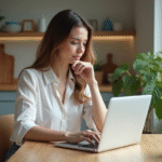 Femme concentrée sur son ordinateur pour une simulation de prêt immobilier