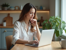 Femme concentrée sur son ordinateur pour une simulation de prêt immobilier