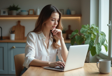 Femme concentrée sur son ordinateur pour une simulation de prêt immobilier