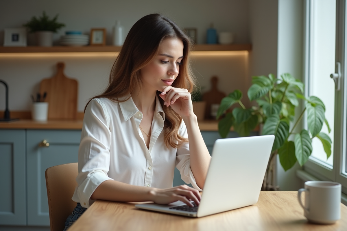 Femme concentrée sur son ordinateur pour une simulation de prêt immobilier