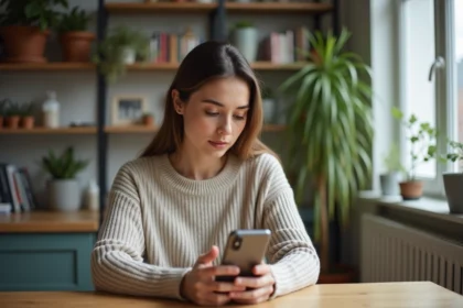 Jeune femme dans sa cuisine avec smartphone en main