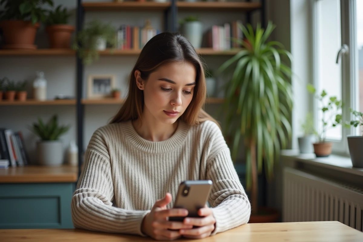 Jeune femme dans sa cuisine avec smartphone en main