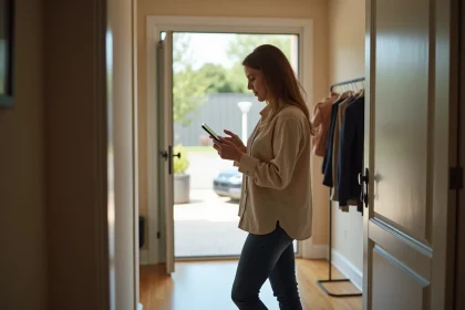 Femme consultant son smartphone à la porte d'entrée pour reprogrammer une livraison La Poste en urgence