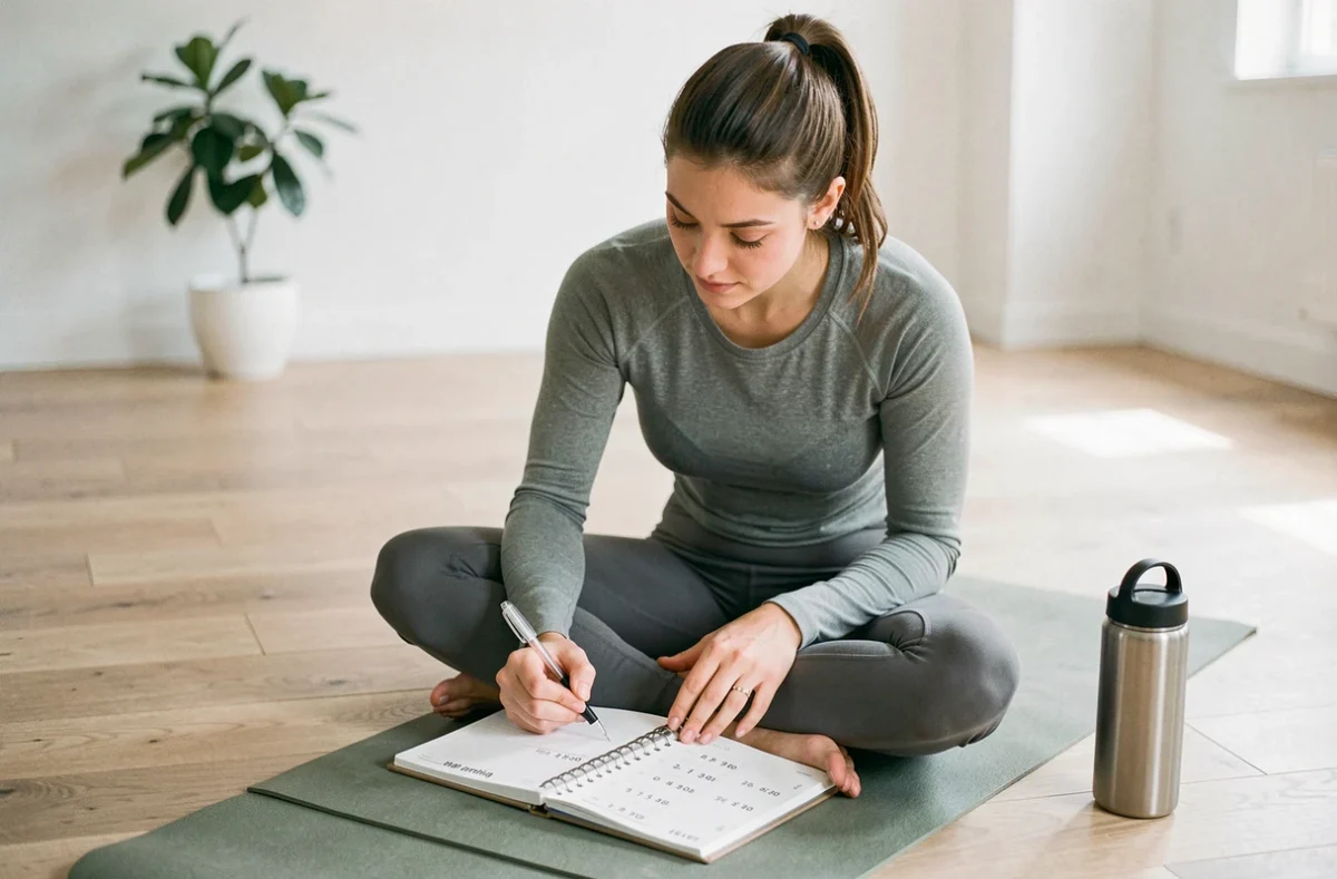 Femme sportive planifiant son entraînement en convertissant des minutes en heures dans un carnet d'entraînement