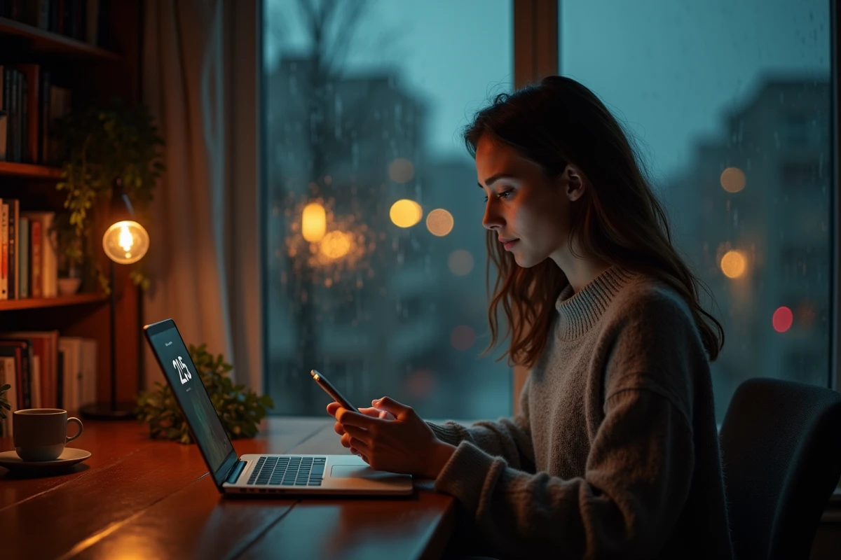 Jeune femme regardant son téléphone affichant 22h55 lors d'une nuit de crise avec sa flamme jumelle